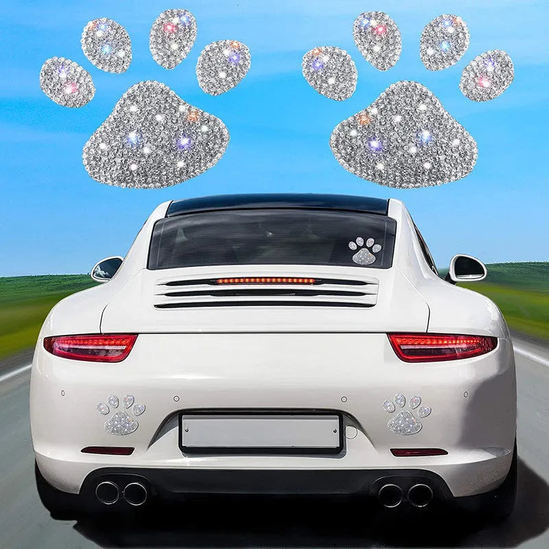 7x6cm diamond-encrusted glass car sticker showing butterfly and bear paw designs with strong adhesion backing
