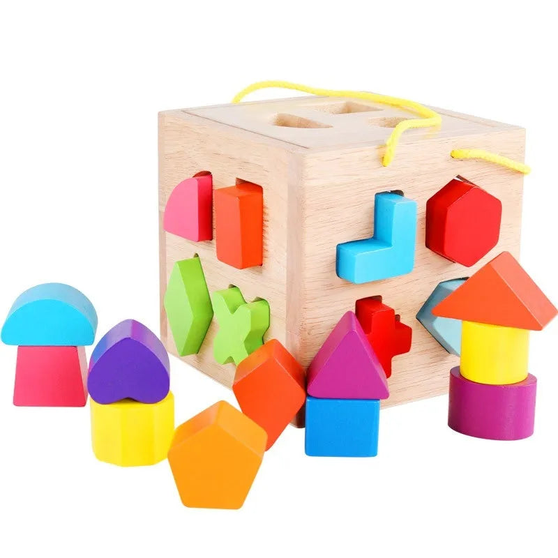 Wooden geometric shape matching building blocks with intelligence boxes for infants educational toy