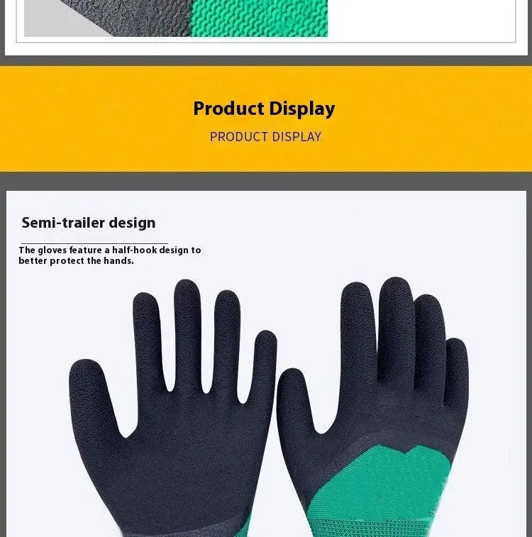 A pack of 12 pairs of black and green rubber work gloves for industrial and site use.