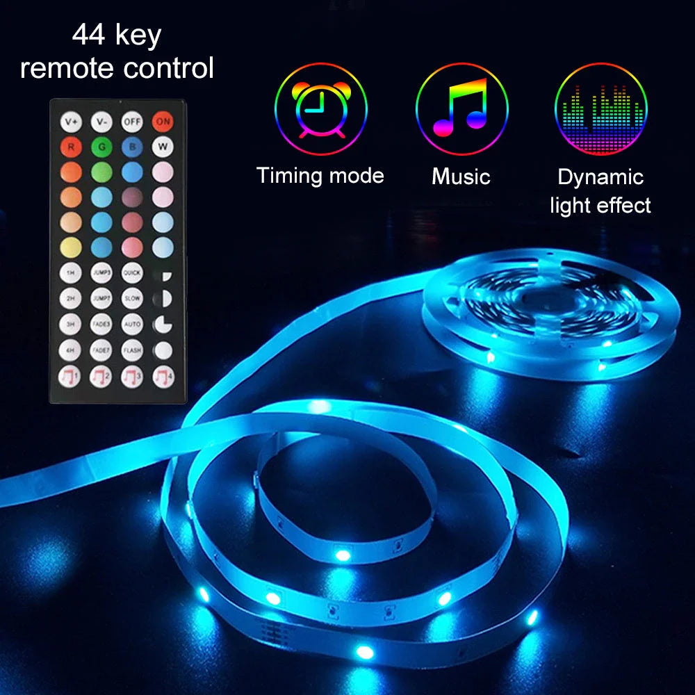 Customizable 65-ft RGB LED light strips in various home decor settings, including bedroom, living room, and TV backlighting