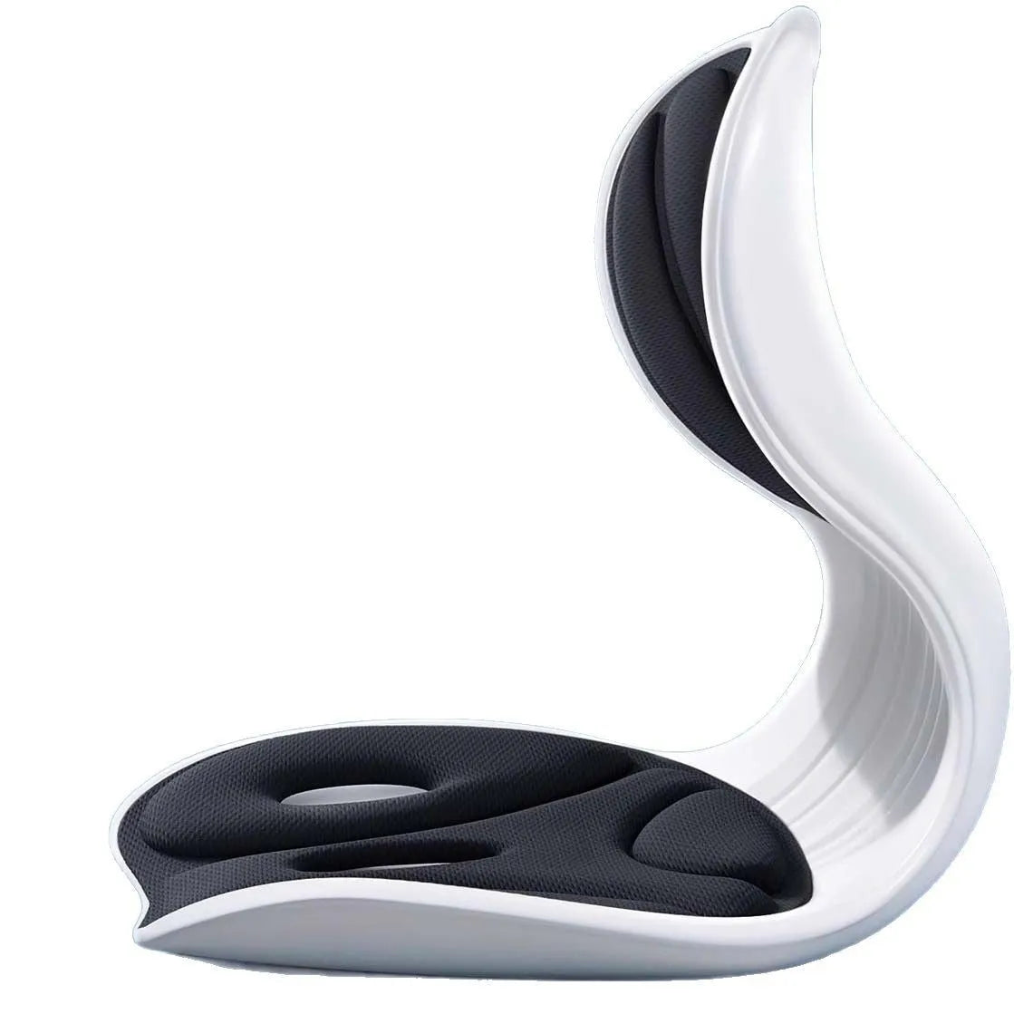 Grey lumbar support cushion on office chair showing 5cm thickness and ergonomic curve for lower back