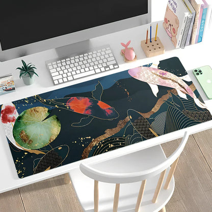 Large non-slip mouse pad with lock edge in Cherry Blossom Tower design, 900x400x4mm natural rubber base for desk stability