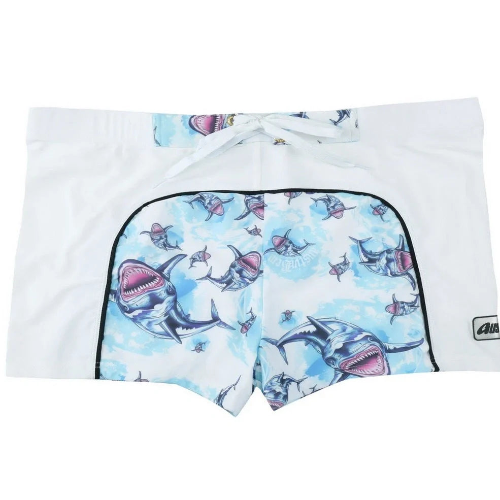 Men's nylon boxer shorts with floral and shark print designs showing deep purple, light purple, multicoloured options