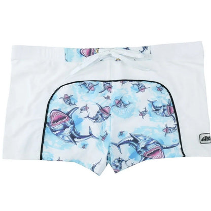 Men's nylon boxer shorts with floral and shark print designs showing deep purple, light purple, multicoloured options