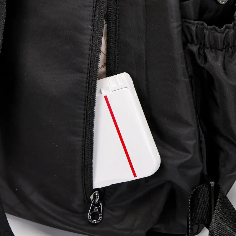 Outdoor backpack showing sandwich pocket design with 48cm height dimensions and nylon construction