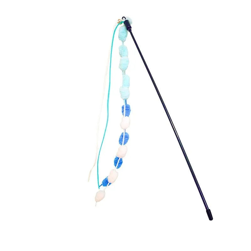 Rainbow cotton candy cat teaser wand with bell and tassel on 60cm telescopic pole