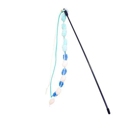 Rainbow cotton candy cat teaser wand with bell and tassel on 60cm telescopic pole