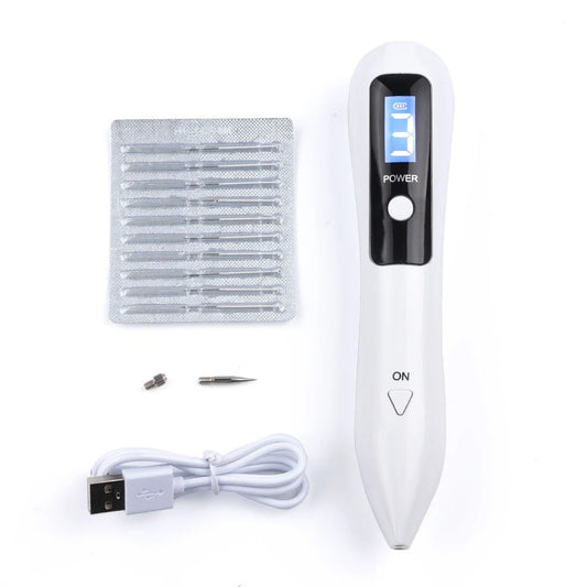 Laser beauty point pen with LCD display showing power level, stainless steel tip, and USB charging port