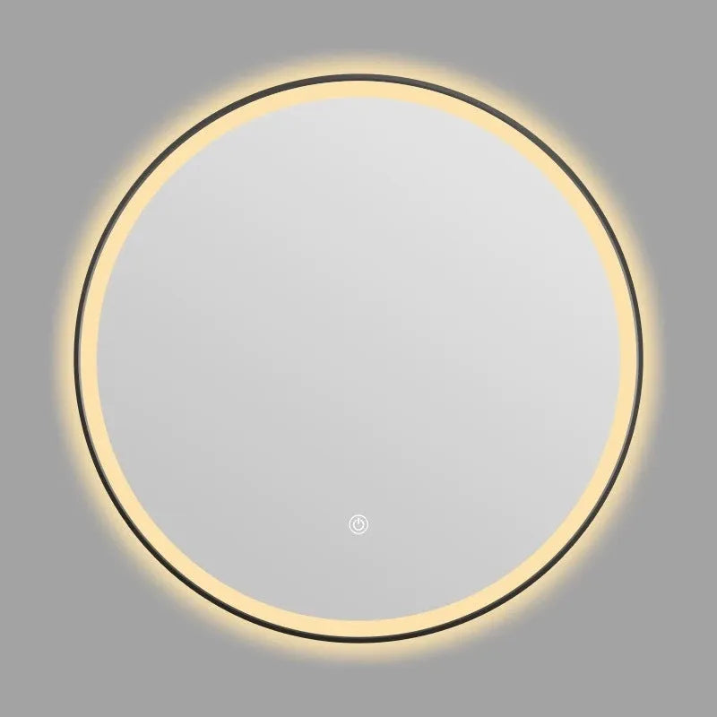 Round wall-mounted smart bathroom mirror with black aluminium alloy frame and touch-controlled LED lighting