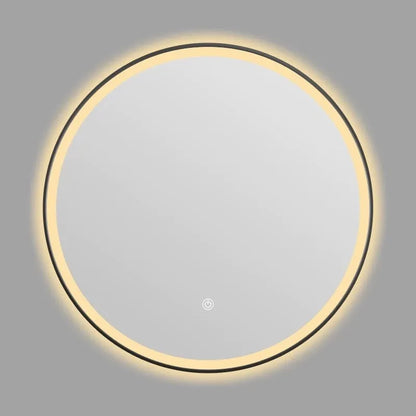 Round wall-mounted smart bathroom mirror with black aluminium alloy frame and touch-controlled LED lighting