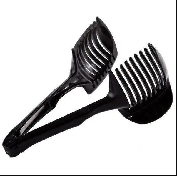 Plastic fruit and vegetable cutting holder slicer in black or green, measuring 18.5cm by 8cm