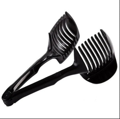 Plastic fruit and vegetable cutting holder slicer in black or green, measuring 18.5cm by 8cm