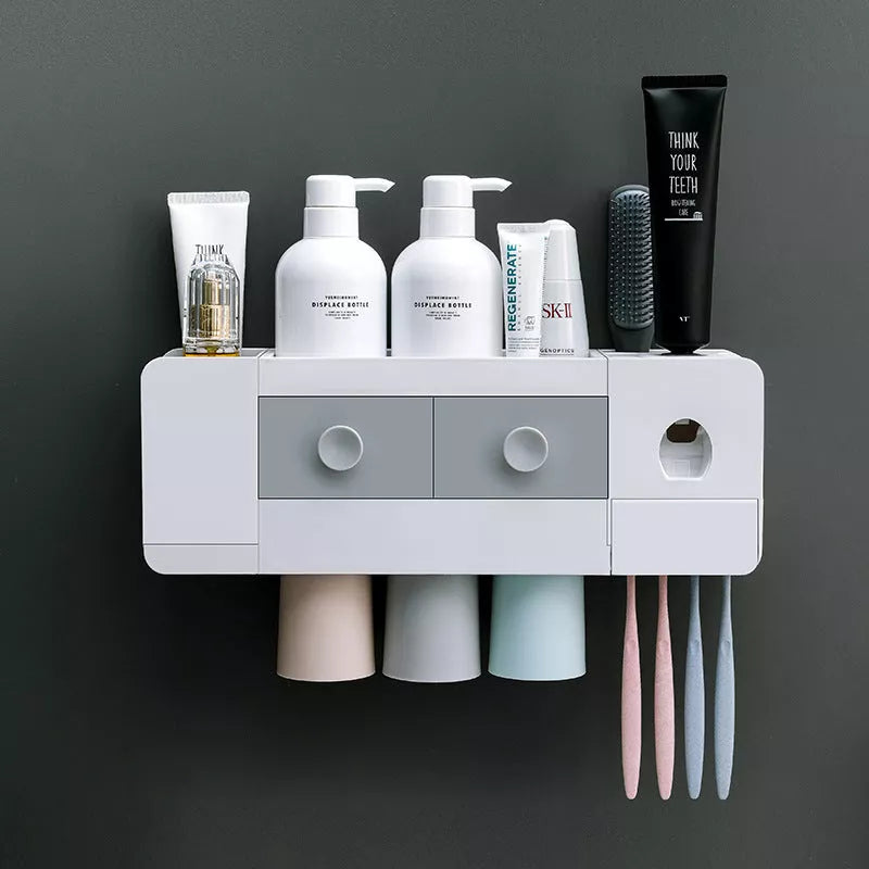 Wall-mounted magnetic toothbrush rack with automatic toothpaste dispenser in white plastic
