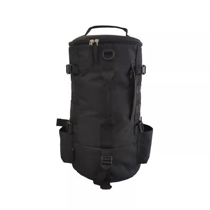 Black cylindrical fishing backpack with 36-55L capacity, lightweight and durable for outdoor use