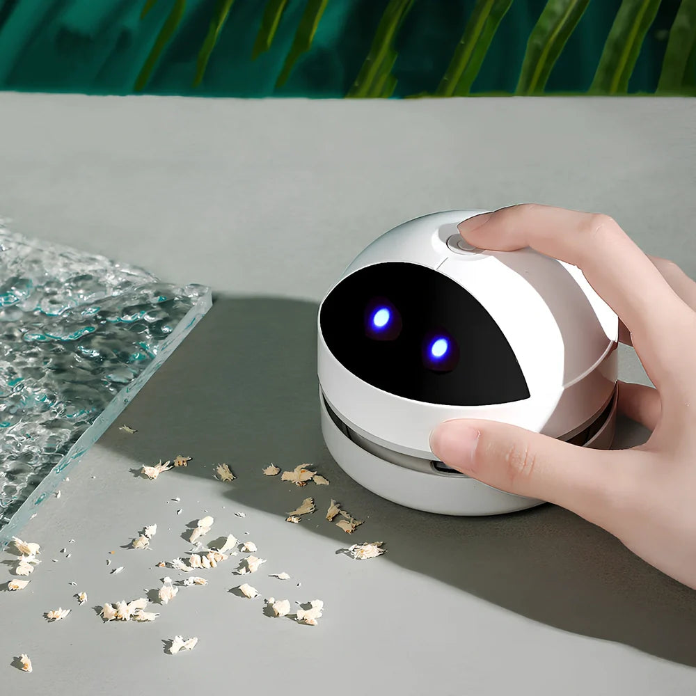 White mini USB desktop keyboard cleaner vacuum with flat nozzle and 30ml dust box, 15cm long for handheld use