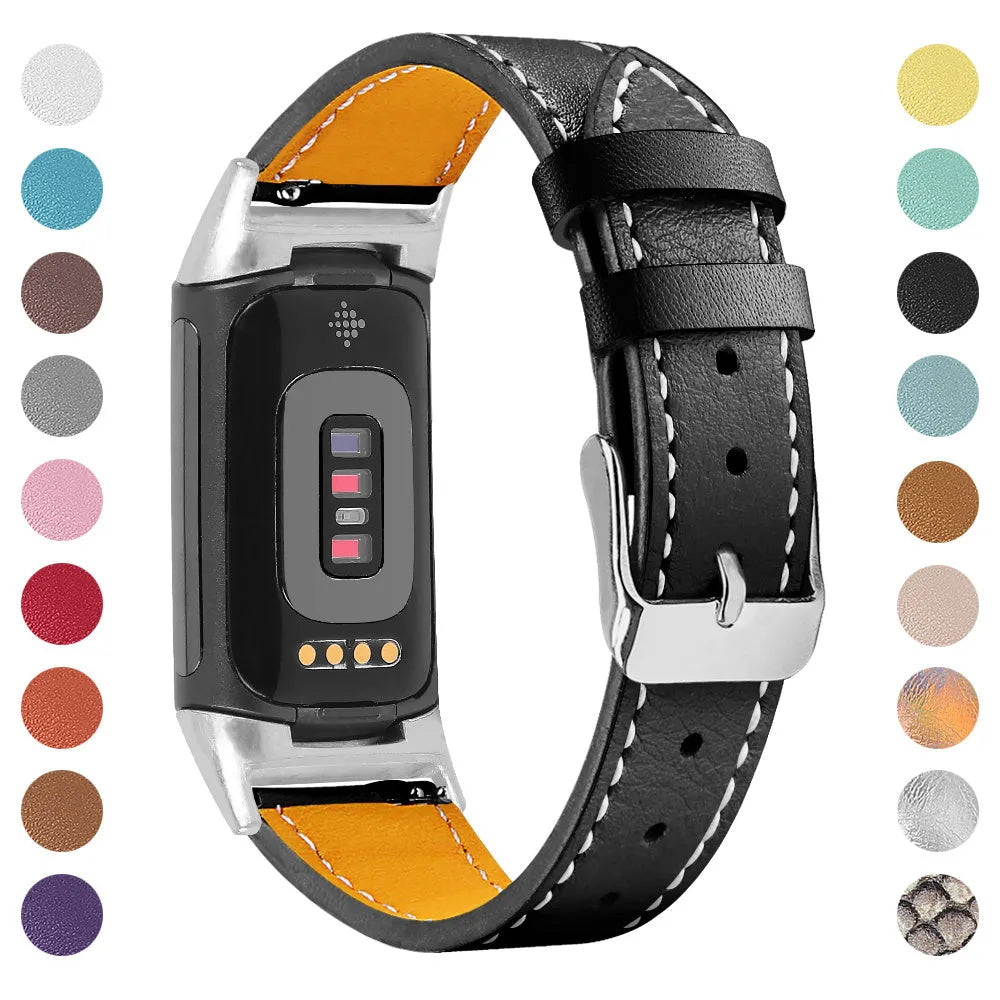 Genuine leather strap for Fitbit charge5 and charge6 in selected colour with adjustable buckle showing 5.5-8.1 inch length