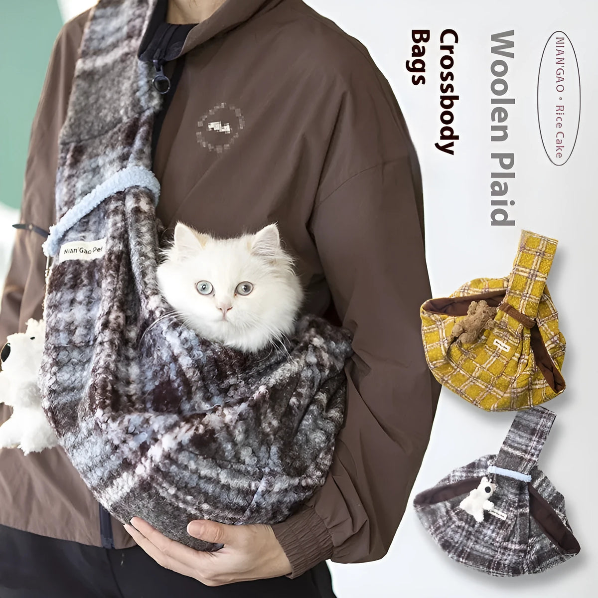 Yellow plaid soft polyester pet crossbody backpack for small dogs and cats