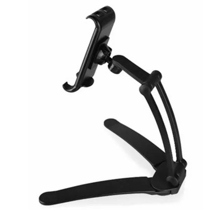 Aluminium alloy desktop tablet stand with adjustable clips on a 23.5cm base, holding a tablet at an angle