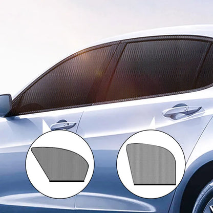 Stretch-fit mesh sunshades installed on a car's front and rear side windows for sun and insect protection.