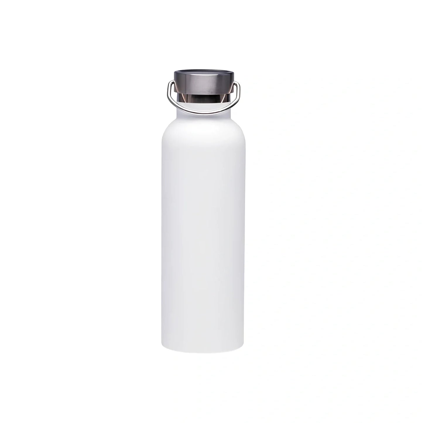Black stainless steel water bottle showing 750ml capacity marking and measuring 24cm tall