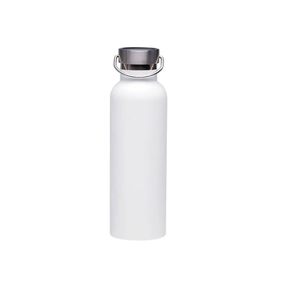 Black stainless steel water bottle showing 750ml capacity marking and measuring 24cm tall