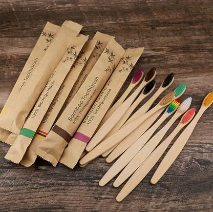 Eco-friendly flat bamboo toothbrush with kraft paper bag in assorted colors