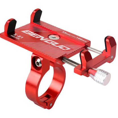 Black aluminium bicycle handlebar phone holder showing adjustable length and four-corner grip system