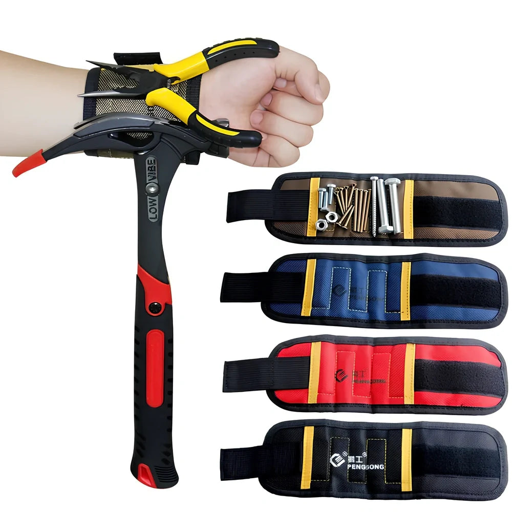 Adjustable magnetic wristband with five embedded magnets on 1680D Oxford cloth, showing tool holding capability
