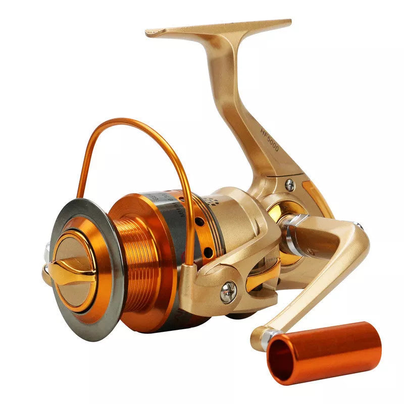 Orange Metal Head Rocker Fishing Reel with interchangeable handle for versatile use