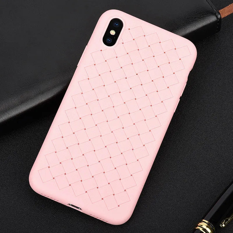 Luxury grid weaving phone case in black with hollow cooling design and raised lips for iPhone protection
