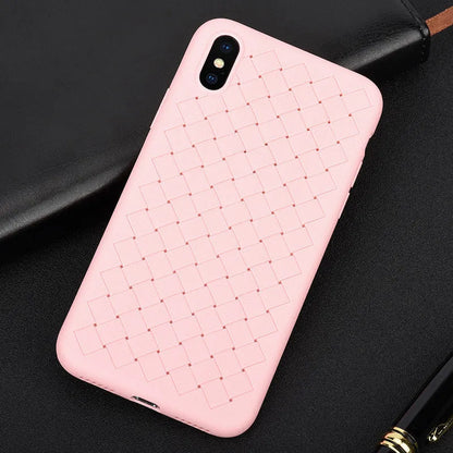 Luxury grid weaving phone case in black with hollow cooling design and raised lips for iPhone protection