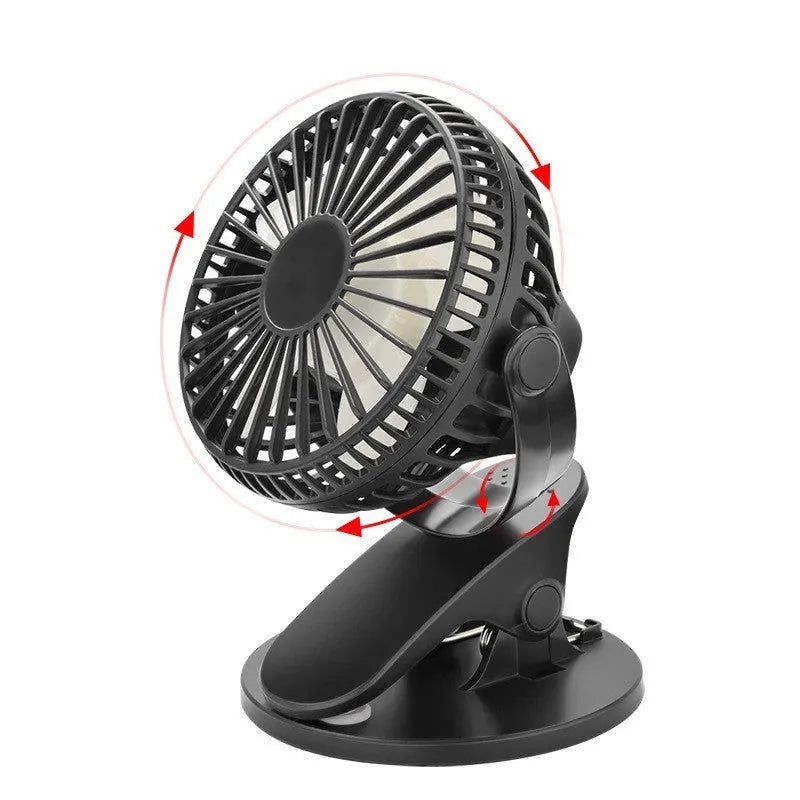 White USB rechargeable clip fan with plastic blades attached to a stroller handle.