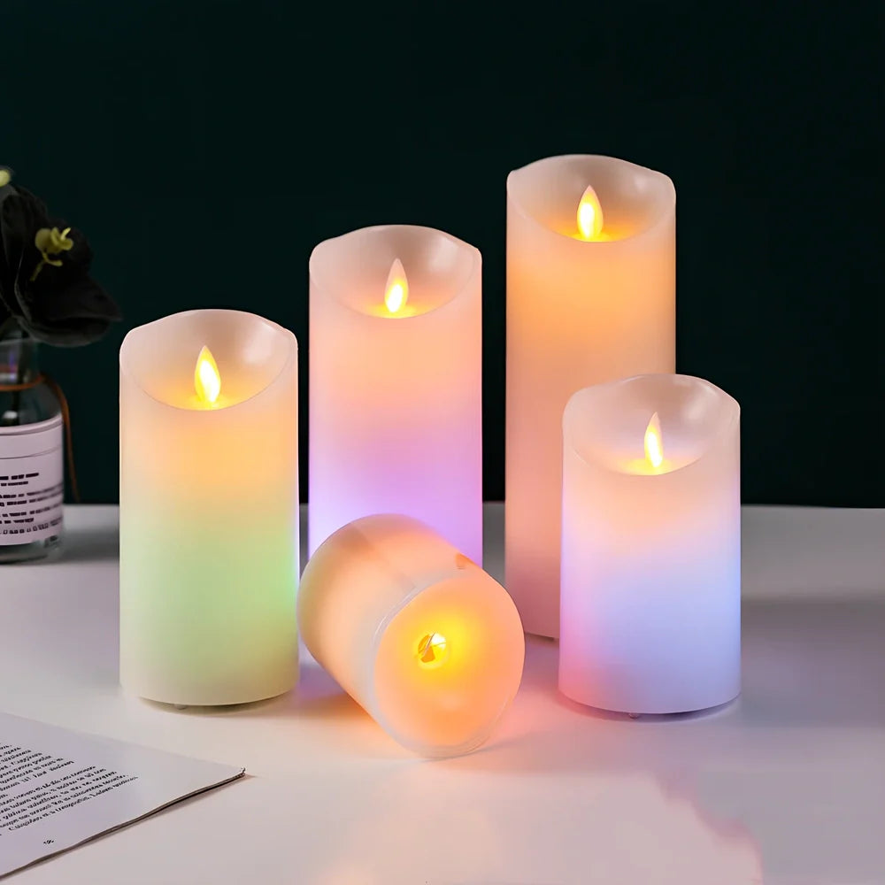 LED electronic candle lamp with remote control in cylindrical paraffin casing