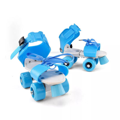 Adjustable double row skates with PUU wheels in blue, green, and pink