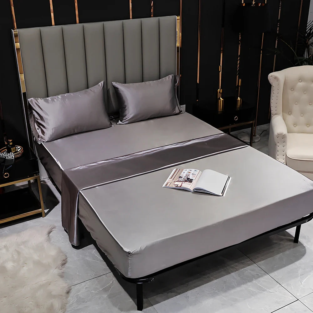 Artificial silk fitted bed sheet with elastic band in black, camel, red, sapphire or violet colours