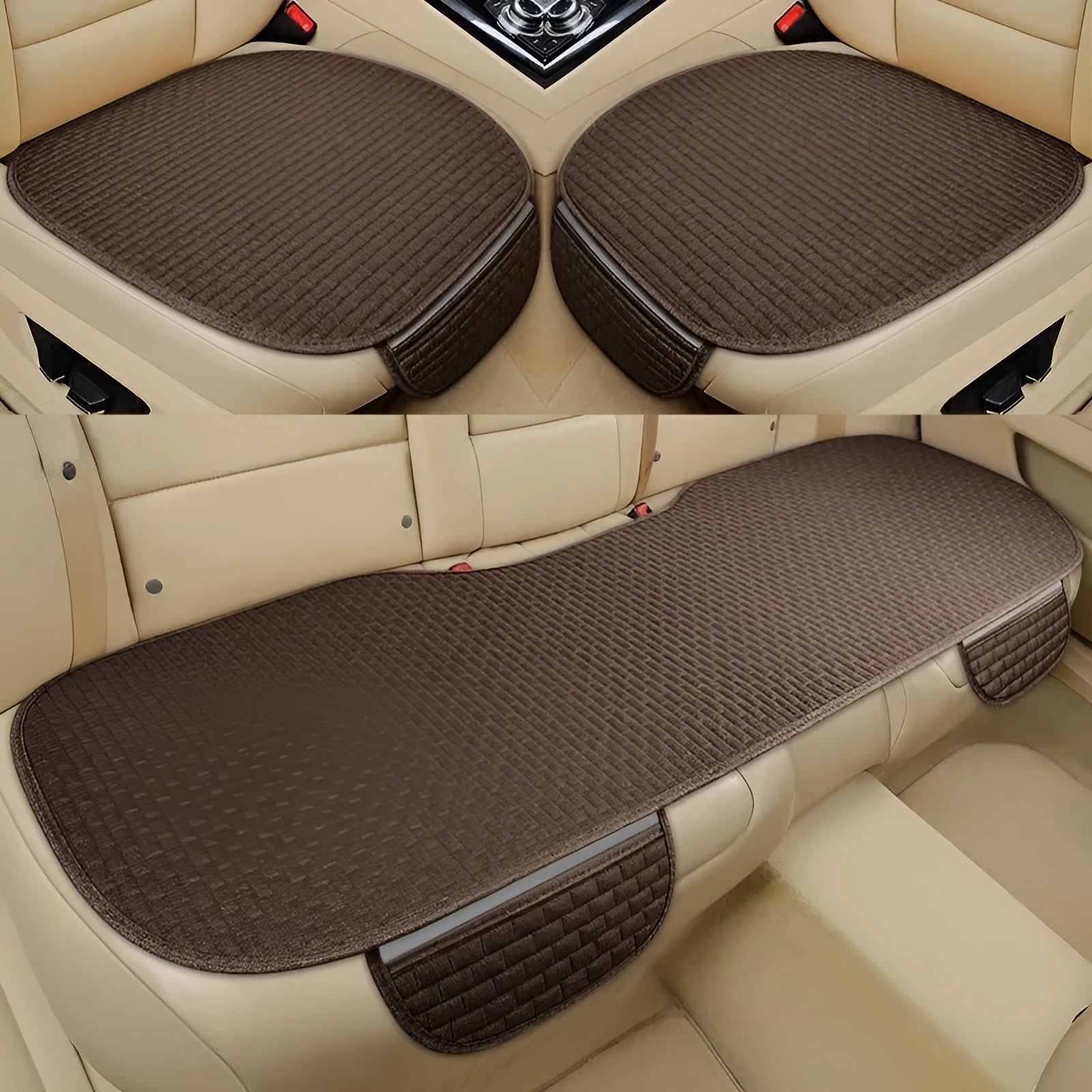 Linen car cushion with plaid pattern in cream colour on automotive seat