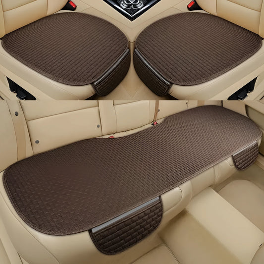Linen car cushion with plaid pattern in cream colour on automotive seat