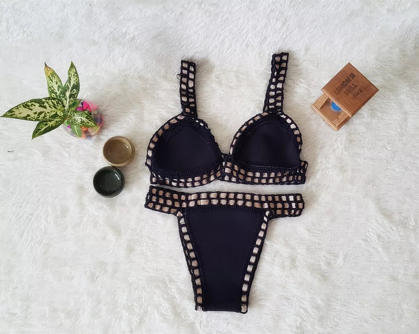 Hand crochet colorful bikini set with spell color rubber accents, available in multiple sizes and colors.