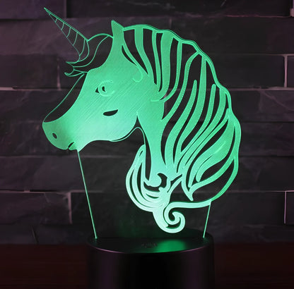 3D unicorn night light with LED illumination on 23cm black ABS base, showing touch controls and USB cable