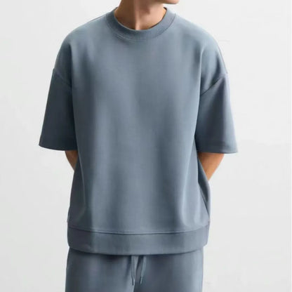 Loose double-sided cloth texture short sleeve set with round collar and matching shorts in blue colour