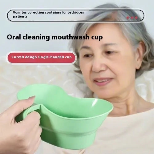 Green plastic gargle cup for bedridden elderly oral care showing modern simplicity design