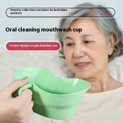 Green plastic gargle cup for bedridden elderly oral care showing modern simplicity design
