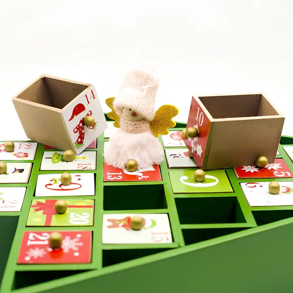 Wooden Christmas advent calendar with 24 numbered compartments in red and green colours measuring 37x32cm