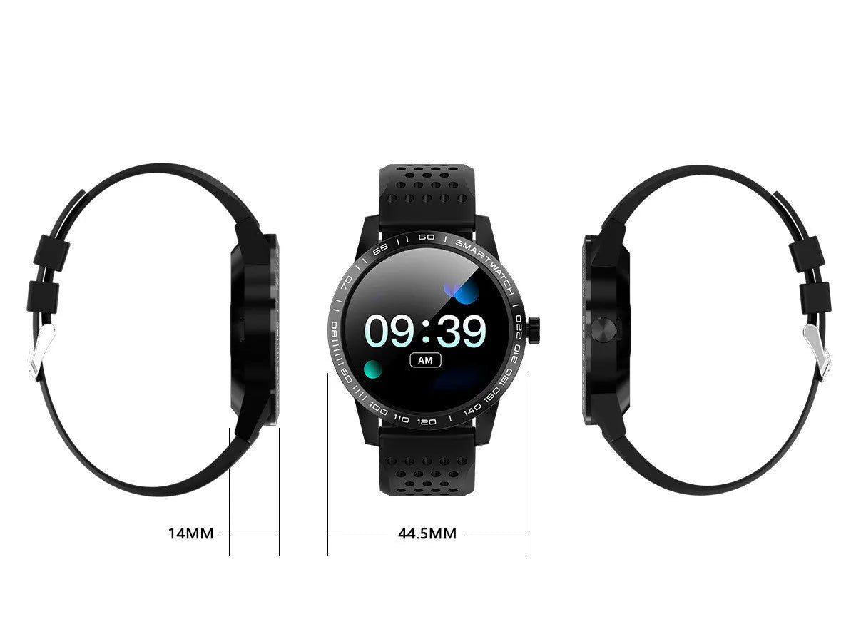 Black smart bracelet with colour screen displaying heart rate and fitness data on a wrist