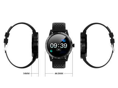 Black smart bracelet with colour screen displaying heart rate and fitness data on a wrist