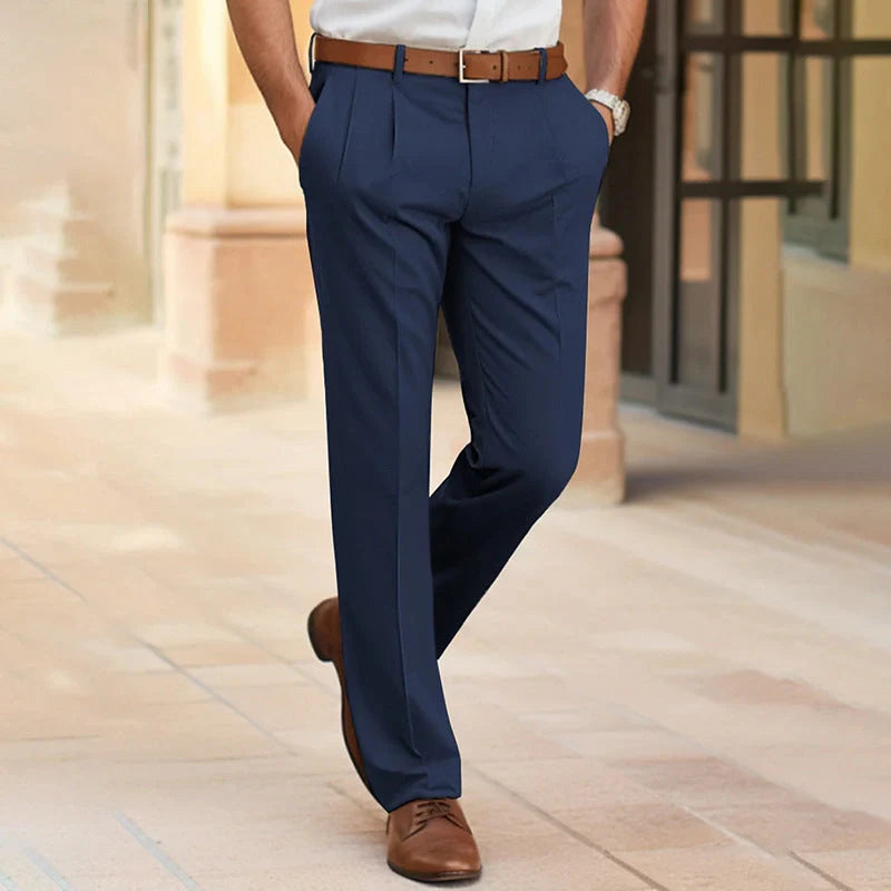 Men's navy blue mid waist straight long casual suit pants for office and business formal wear