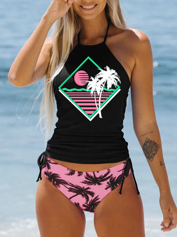 Colourful conservative women's swimsuit with cartoon printing and split brief design