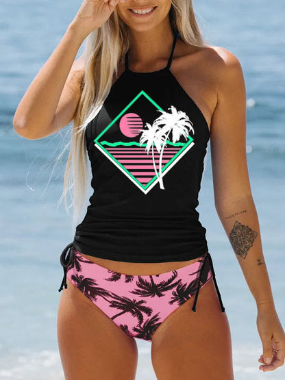 Colourful conservative women's swimsuit with cartoon printing and split brief design