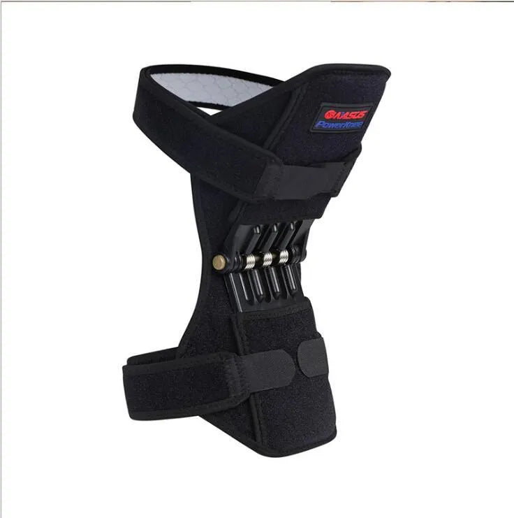 Adjustable spring knee brace for sports support in black, shown with straps.