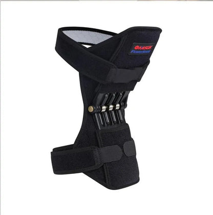 Adjustable spring knee brace for sports support in black, shown with straps.